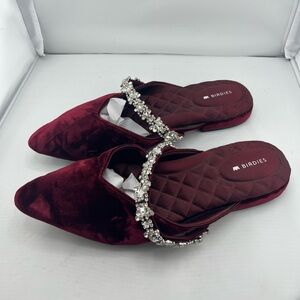 Birdies The Swan Wine Velvet Gem Bracelet Mule Flats